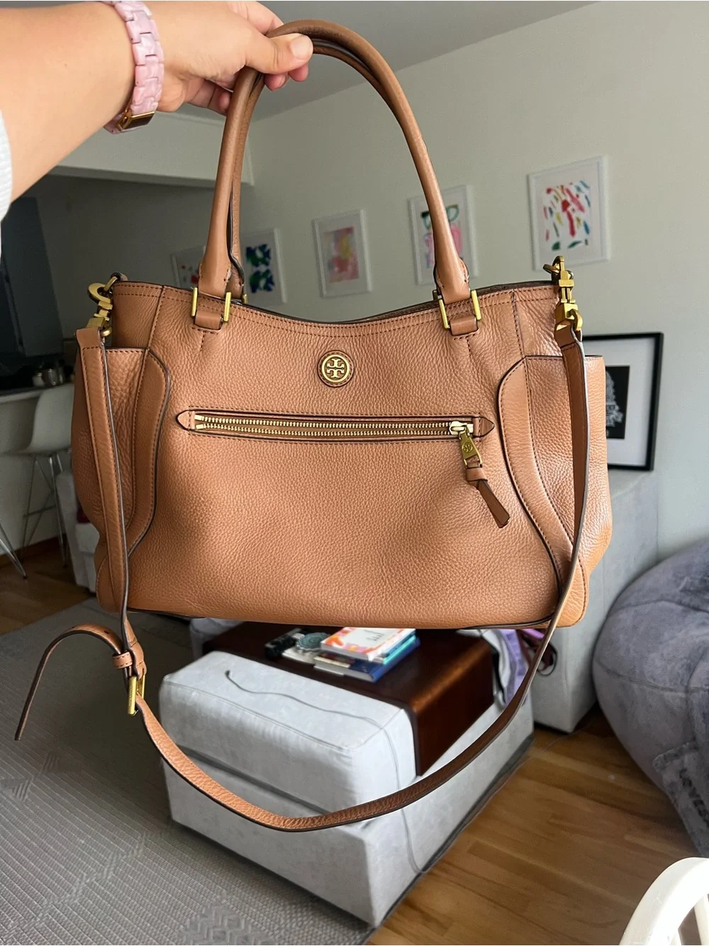 Tory Burch Tan Leather Frances Satchel with Detachable Strap